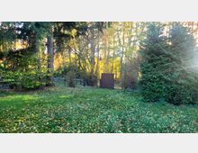 Waldähnlicher Gartenbereich mit hohen Bäumen und dichtem Grün, einer Grasfläche im Vordergrund und einem braunen Metalltor im Zentrum, das von einem Maschendrahtzaun flankiert ist. Sonnenlicht scheint durch das Laub im Hintergrund.