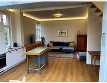 Offener Wohnbereich mit Holzboden, einer kleinen Küche links mit weißen Schränken und einem hellblauen Sofa mit Kissen im Hintergrund. Im Raum stehen außerdem ein rustikaler Holztisch, ein Teppich und ein hölzernes Sideboard; die Wand ist mit einem Kunstwerk dekoriert.