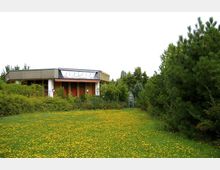 Flaches, modernes Gebäude mit Flachdach und verklinkerten Wänden, umgeben von dichter Vegetation. Im Vordergrund eine Wiese mit gelb blühenden Blumen, rechts hohe Nadelbäume.