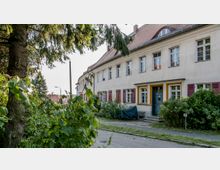 Reihenhaus in einer Wohnsiedlung mit heller Fassade, roten Fensterläden und einem dunkelblauen Eingangsbereich. Im Vordergrund stehen dichte Sträucher und ein Baum, die teilweise den Blick auf das Gebäude verdecken.