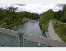 Flusslandschaft mit dicht bewachsenen Ufern, einer asphaltierten Uferpromenade rechts und einem Grünstreifen links, aufgenommen von einer Brücke mit grünem Geländer. Im Hintergrund sind Bäume und vereinzelt Baukräne sichtbar.