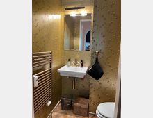Kleines Badezimmer mit floral gemusterter, goldfarbener Tapete. Zu sehen sind ein rechteckiger Spiegel mit Beleuchtung, ein weißes Waschbecken mit goldener Armatur, ein Handtuchheizkörper, ein Toilettensitz sowie Körbe zur Aufbewahrung auf einem Holzboden.