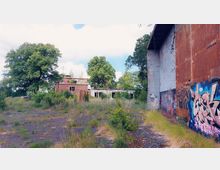 Verlassenes Industriegelände mit überwucherten Flächen, einem zerfallenen Backsteingebäude im Hintergrund und einer hohen, verrosteten Wand mit Graffiti im Vordergrund. Große Bäume und Vegetation umgeben die Ruinen.