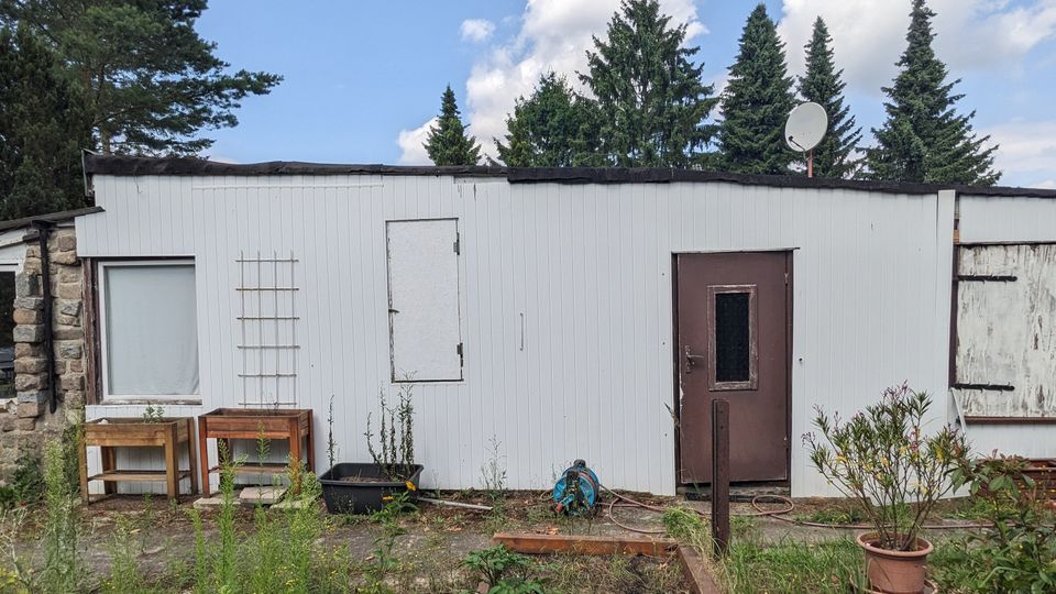 Ein niedriger, länglicher Nebengebäudebau mit hellgrauer Holzverkleidung, Flachdach und mehreren Türen und Fenstern, teils mit Brettern verschlossen. Davor stehen Pflanzkästen und Gartengeräte; im Hintergrund sind hohe Nadelbäume und ein wolkiger Himmel zu sehen.