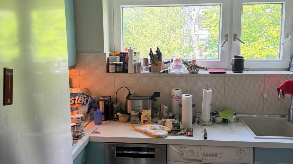 Kleine Küchenzeile mit weißer Arbeitsplatte unter einem breiten Doppelfenster, davor Spülbecken und verschiedene Küchenutensilien. Unter der Arbeitsplatte stehen eine Spülmaschine und eine Waschmaschine; links ein hoher Kühlschrank und hellblaue Schränke.