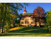 Herrenhaus im historischen Stil mit gelber Fassade, hohen Fenstern und einem markanten Turm mit spitzer Spitze, umgeben von Bäumen und einer großen, sonnenbeschienenen Wiese.
