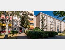 Mehrstöckige Wohnhäuser aus den 1970er-Jahren mit bunten Balkonen und roten Türen, umgeben von Bäumen, Hecken und einem gepflasterten Gehweg, bei sonnigem Wetter.