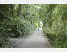 Ein schmaler, unbefestigter Weg führt durch einen dicht bewachsenen Park mit hohen Bäumen und überhängenden Ästen. Eine Person geht allein in der Ferne auf dem Weg, umgeben von grünen Büschen und viel Laub.