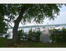 Ein Bootsanleger an einem See mit mehreren Segel- und Motorbooten, umgeben von Bäumen und einer grünen Uferlandschaft. Im Vordergrund steht ein großer Baum, der Blick auf den Steg wird von einem Zaun mit einem Tor eingerahmt.