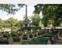 Ein Friedhof mit zahlreichen Grabsteinen, umgeben von bodendeckenden Pflanzen und Rasenflächen. Im Hintergrund ein Denkmal mit einem hohen Obelisken und Skulpturen von Figuren, eingerahmt von Bäumen und dichtem Grün.
