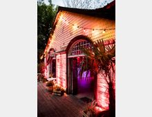 Holzgebäude mit geschindelter Fassade, beleuchtet von bunten Lichterketten und roten Scheinwerfern. Vor dem Gebäude stehen Pflanzen in Holzkisten und eine Palme, der Eingang ist offen und zeigt lila Innenbeleuchtung.