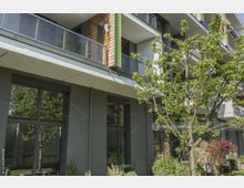 Moderne Wohnhausfassade mit großen Fensterfronten und Balkonen, die teilweise durch Glasgeländer eingefasst sind. Im Vordergrund steht ein Baum mit grünem Laub, umgeben von verschiedenen Pflanzen.