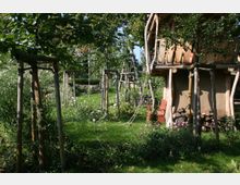Ein naturnaher Garten mit Bäumen und einer Wiese, auf der junge Bäume durch Holzgestelle gestützt werden. Rechts steht ein kleines Baumhaus aus Holz und Lehm mit einem Stapel Feuerholz darunter.