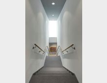 Eine gerade Treppe in einem schmalen, modern gestalteten Innenraum mit weißen Wänden und grauem Teppichboden; an beiden Seiten befinden sich Handläufe aus Holz, während oben ein großes Fenster natürliches Licht hereinlässt.