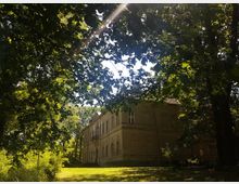 Ein historisches Gebäude mit heller Fassade und großen Fenstern, umgeben von üppigem Grün und Bäumen, durch deren Blätter Sonnenlicht fällt. Im Vordergrund befindet sich eine Rasenfläche im Schatten der Bäume.
