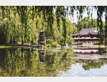 Ein asiatischer Garten mit einem See, in dem sich Bäume und ein mehrstöckiger Pagodenturm spiegeln. Im Hintergrund steht ein traditionelles Gebäude mit geschwungenem Dach und vorgelagerten Sonnenschirmen.