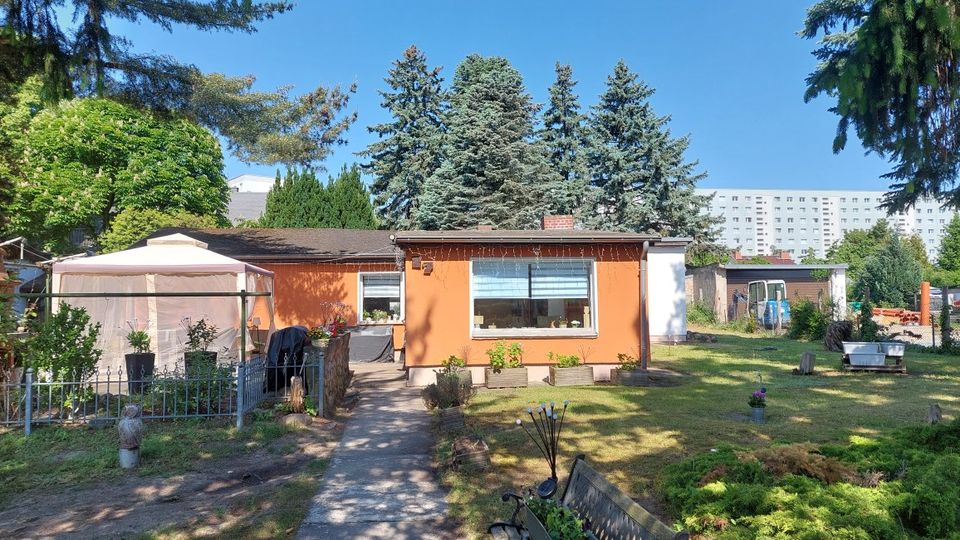 Einstöckiges, orangefarbenes Gartenhaus mit großer Fensterfront und kleinem Vorgarten, erreichbar über einen geraden Betonweg. Links steht ein heller Pavillon im eingezäunten Bereich, umgeben von Rasen, Sträuchern und hohen Nadelbäumen; im Hintergrund sind weitere Nebengebäude und ein Mehrfamilienhaus zu sehen.