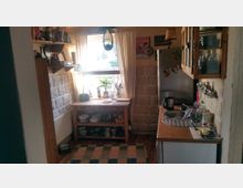 Kleine Küche mit Holzmöbeln, einem Fenster mit Vorhängen, und einer Arbeitsplatte mit Spüle. Ein Kühlschrank und ein Hängeschrank befinden sich auf der rechten Seite, während unter dem Fenster ein Regal mit Geschirr und Pflanzen steht.