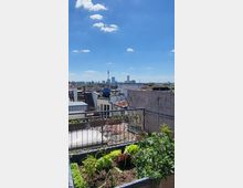 Blick von einer Dachterrasse auf eine Stadtlandschaft mit dem Berliner Fernsehturm im Hintergrund. Im Vordergrund befinden sich ein Hochbeet mit Gemüse und ein Gittergestell, dahinter Dächer und Balkone.