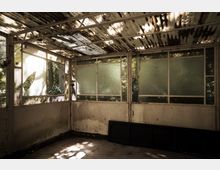 Verlassener Raum mit stark verfallenem Wellblechdach und großen Fensterfronten, teils mit gebrochenem Glas und teilweise von Laub und Schmutz bedeckt. Durch die Fenster fällt diffuses Licht, das die Spuren der Verwahrlosung und die Umgebung mit dichten Bäumen andeutet.
