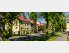 Straße in einer Wohngegend mit mehrstöckigen Häusern, teils in hellen Farben, und roten Ziegeldächern. Umgeben von hohen Bäumen und Gehwegen mit grünen Rasenflächen.