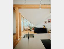 Moderne Wohnküche in einem Raum mit schräger Decke und sichtbaren Holzbalken. Im Vordergrund eine Kücheninsel mit Spüle, im Hintergrund Regale mit Büchern und Pflanzen sowie ein schwarzes Sideboard.