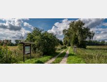 Ein schmaler Weg aus Betonplatten führt durch eine ländliche Landschaft mit Wiesen und Bäumen, links steht eine hölzerne Infotafel. Der Himmel ist bewölkt mit vereinzeltem Sonnenlicht.