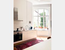 Bright, minimalist kitchen with white flat-front cabinets, built-in oven and stovetop, and a sink under a tall multi-pane window. Sunlight streams in over potted plants on the wide sill, with ornate ceiling molding and a red patterned rug on the wood floor.