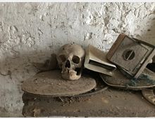 Ein alter, staubiger Schädel liegt auf einem Regal vor einer rauen, weißen Wand, umgeben von weiteren verstaubten Gegenständen, darunter Papier, Metallteile und ein rechteckiges Objekt. Die Szene wirkt verlassen und verfallen.