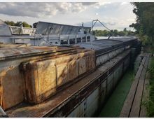 Ein rostiges, stillliegendes Frachtschiff liegt an einem von Pflanzen umgebenen Ufer. Im Hintergrund sind weiß gestrichene Schiffsaufbauten sowie ein bewölkter Himmel und Bäume sichtbar.