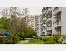 Mehrstöckige Wohnhäuser mit Balkonen in einer grünen Umgebung mit Bäumen, Büschen und einem Gehweg. Im Vordergrund befindet sich ein Gitterunterstand für Mülltonnen.