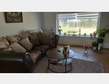 Wohnzimmer mit großem Ecksofa und rundem Couchtisch auf einem Teppich, dazu Dekoration und Blumen. Ein breites Fenster mit halb geöffneten Rollos und Pflanzen auf der Fensterbank blickt auf eine Grünfläche; daneben stehen Pflanzenregale auf Holzboden.