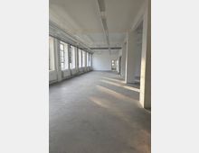 Großer, leerer Industrie-Loft-Raum mit Betonboden, weißen Ziegelstützen und hohen Decken mit sichtbaren Leitungen und langen Deckenleuchten. Links eine Reihe großer Sprossenfenster mit Heizkörpern darunter, durch die Tageslicht in den Raum fällt.