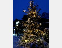 Ein großer, schneebedeckter Weihnachtsbaum mit warmen Lichterketten, der vor einem dunkel gehaltenen Gebäude in einer verschneiten Landschaft leuchtet, aufgenommen in der Dämmerung oder Nacht. Im Hintergrund ist ein beleuchtetes Schild und eine Laterne zu sehen.