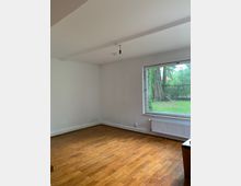 Ein leerer Raum mit hellem Holzboden, weißen Wänden und einer großen Fensterfront, die den Blick auf einen Baum und eine grüne Wiese ermöglicht. Unter dem Fenster befindet sich ein Heizkörper.