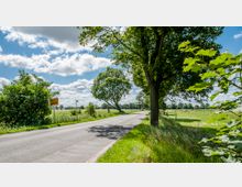 Ländliche Straße mit großen Bäumen entlang der Fahrbahn, umgeben von Wiesen und Feldern. Im Hintergrund sind ein gelbes Ortsschild und Zäune auf einer Weide zu sehen, unter einem teils bewölkten blauen Himmel.