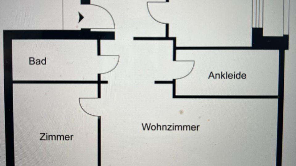 Grundriss einer Wohnung mit mehreren Räumen: Küche, Wohnzimmer, zwei Zimmer, ein Badezimmer und ein Ankleidezimmer. Türen verbinden die Räume, und das Wohnzimmer hat mehrere Zugänge sowie einen Balkon.