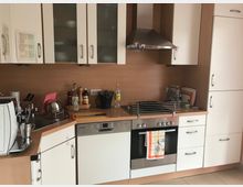 Moderne Einbauküche mit weißen Schränken, Edelstahl-Dunstabzugshaube, eingebautem Ofen und Geschirrspüler. Auf der Arbeitsfläche befinden sich eine Kaffeemaschine, Schneidebretter, Gewürze und Küchenutensilien.