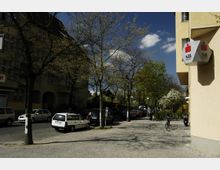 Straßenszene mit parkenden Autos entlang einer Baumreihe auf beiden Seiten, einem Gehweg mit Fahrrädern und einem Gebäude mit einem Sparkassen-Schild auf der rechten Seite. Die Bäume tragen frisches, sprießendes Laub und der Himmel ist sonnig und klar mit wenigen Wolken.