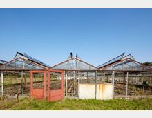 Ein verlassenes Gewächshaus mit verrosteten Metallrahmen und teilweise geöffneten Glaselementen. Im Vordergrund ist eine beschädigte, rote Tür sichtbar, während im Inneren leere Pflanzreihen zu sehen sind, umgeben von grasbewachsenem Boden und blauem Himmel.