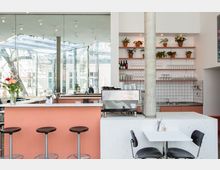 Modernes Café mit einer Theke in Pastellrosa, drei Barhockern, einer Kaffeemaschine und Regalreihen mit Gläsern, Pflanzentöpfen und Flaschen. Im Hintergrund große Fensterfront mit Blick auf Außenbäume und Gebäude.