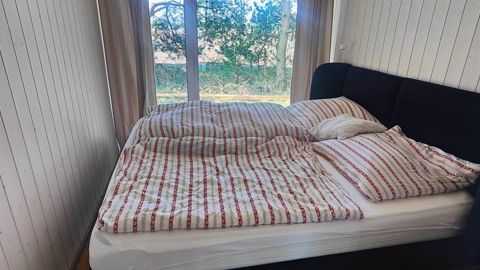 Schmales Schlafzimmer mit weißer Holzvertäfelung an Wänden und Decke, Holzboden und einem großen Bett mit gestreifter Bettwäsche. Am Kopfende befindet sich eine bodentiefe Fensterfront mit Vorhängen und Blick ins Grüne.
