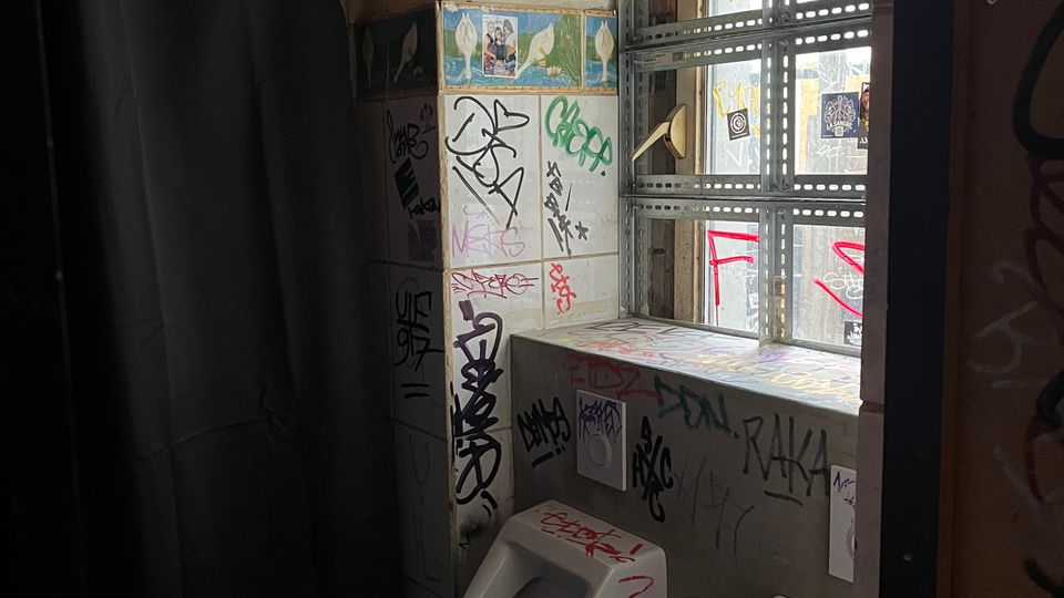Kleines, stark mit Graffiti beschmiertes Toilettenabteil mit zwei wandmontierten Urinalen unter einem Fenster. Rechts steht ein Metallregal vor dem Fenster, links hängt ein dunkler Duschvorhang an einer Stange.