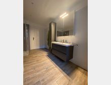 Modernes Badezimmer mit Holzoptik-Fliesenboden, einem großen Spiegel mit beleuchteter Leiste, einem Waschtisch mit dunklen Schubladen und einer weißen Tür im Hintergrund. An der Wand hängen Handtücher, und im Spiegel sind weitere Elemente des Raumes sichtbar.