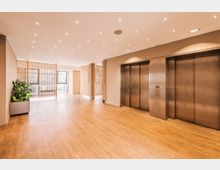 Offener Flurbereich mit hellbraunem Parkettboden, einer Reihe Metallaufzüge auf der rechten Seite, modernen Holztrennwänden und einem großen Pflanzkübel auf der linken Seite. Die Decke ist mit zahlreichen kleinen Einbauspots beleuchtet.