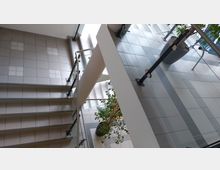 Treppenhaus mit grauen Fliesen und Metallgeländern, das von mehreren Ebenen aus fotografiert wurde. Im unteren Bereich steht eine große Topfpflanze, und an der Seite sind Stühle sowie weitere Pflanzen zu sehen.