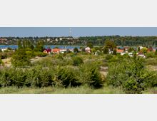Landschaftsaufnahme mit einer Kleinstadt im Hintergrund, die von Bäumen und Buschland umgeben ist. Im Zentrum ist ein See sichtbar, dahinter eine bewaldete Hügelkette und eine Siedlung mit roten Dächern, ergänzt durch einen weit entfernten Turm.