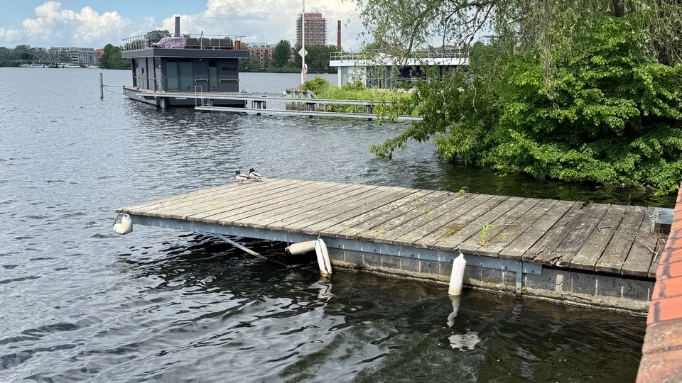 Holzsteg am Ufer eines Sees mit dunkler Wasseroberfläche und Bojen, rechts von überhängenden Bäumen und Sträuchern eingerahmt. Im Hintergrund liegt ein modernes Hausboot am Wasser, dahinter weitere Gebäude unter bewölktem Himmel.