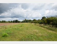 Weite Wiesenlandschaft mit grünem Gras und Wildblumen, begrenzt von Büschen und Hecken auf der rechten Seite, sowie einem angrenzenden Ackerfeld links. Der Himmel ist bewölkt, mit Baumreihen im Hintergrund.