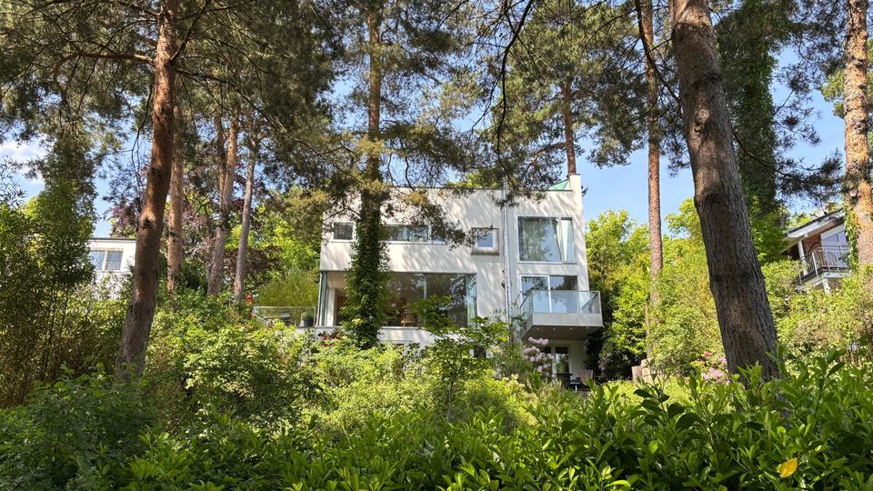 Modernes, weißes Mehrfamilienhaus mit großen Fensterfronten und Glasbalkonen, eingebettet in einen dichten, grünen Garten. Hohe Kiefern und üppige Sträucher umgeben das Gebäude und prägen die waldartige Umgebung.